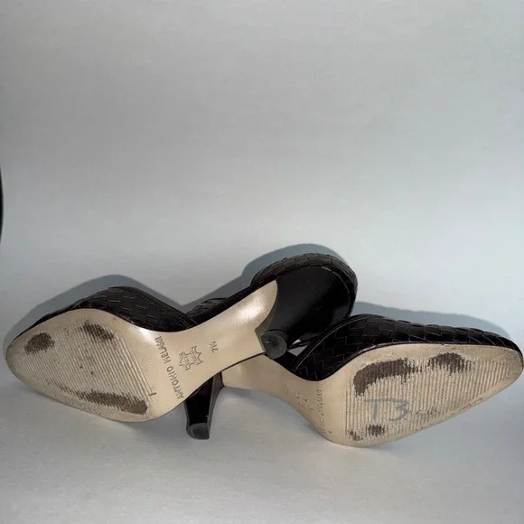 Antonio Melani Woven Leather Ankle Strap Heels Bronze Brown 7M Pump - Picture 4 of 5